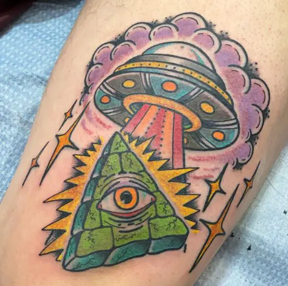 Colorful UFO and All Seeing Eye Tattoo