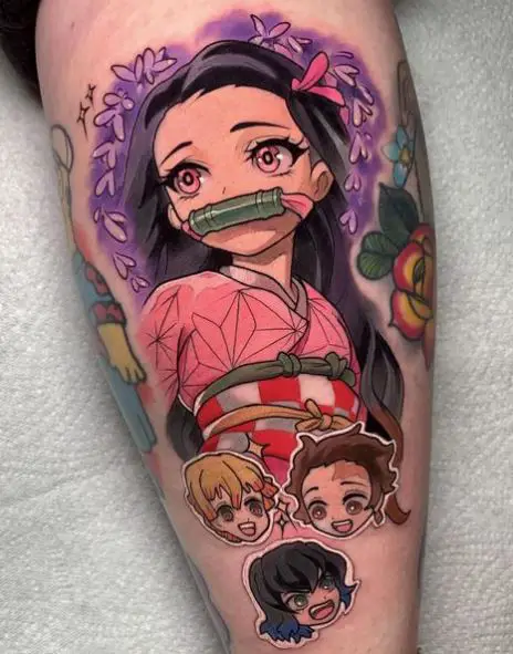 Violet Flowers and Nezuko Kamado Leg Tattoo