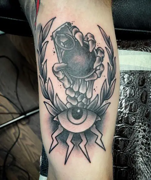Skeleton Hand with Bomb and All Seeing Eye Arm Tattoo