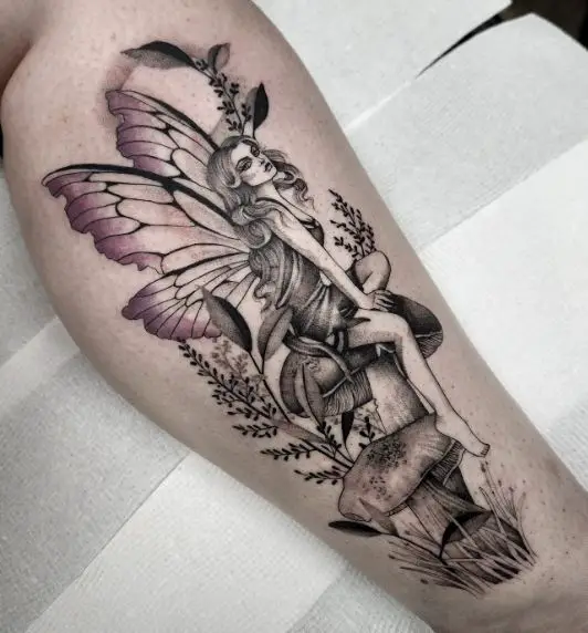 Mushrooms and Gothic Fairy Calf Tattoo