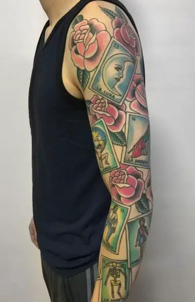 Colorful Roses and Loteria Cards Arm Sleeve Tattoo