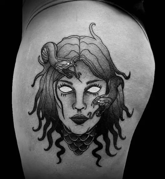 Black and Grey Medusa with No Eyes Butt Tattoo
