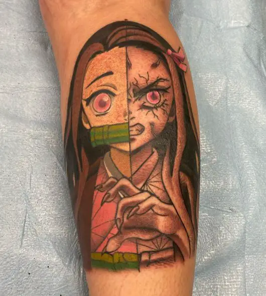 Half Zombie Half Nezuko Kamado Leg Tattoo