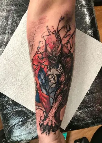 Colorful Venom and Spiderman Forearm Tattoo