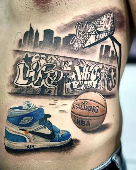 Streetball Court with Jordan Sneaker and Basketball Ribs Tattoo