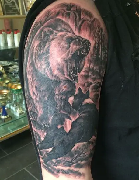Black and Grey Hunting Dog and Bear Arm Tattoo