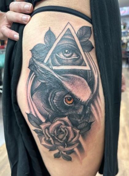 All Seeing Eye with Owl and Rose Hip Tattoo