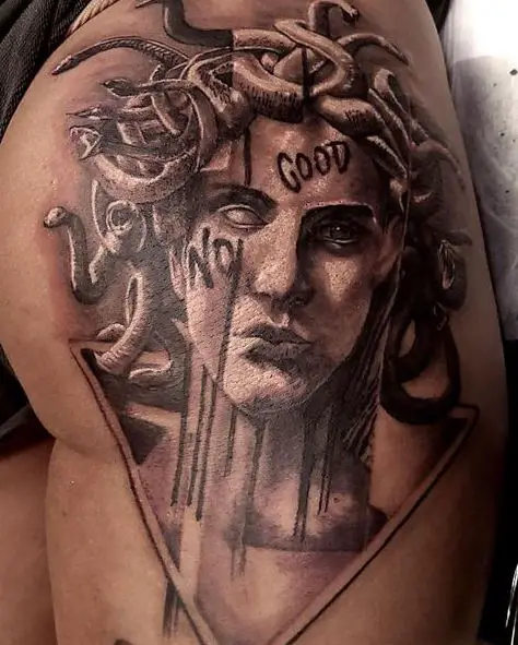 Shaded Medusa with Script No Good Butt Tattoo
