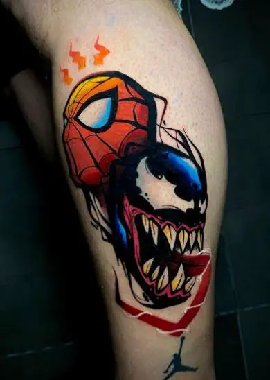 Venom Head and Spidey Sense Calf Tattoo