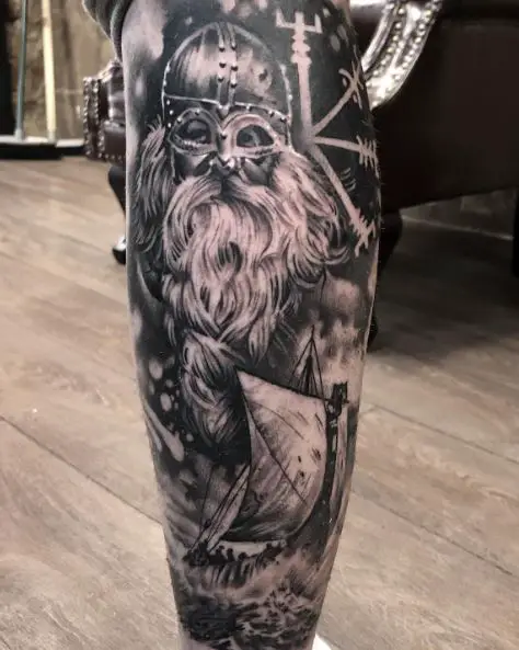 Viking Ship and Viking Warrior Leg Sleeve Tattoo