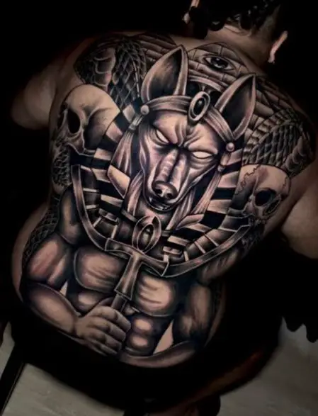 Black and Grey Anubis Full Back Tattoo