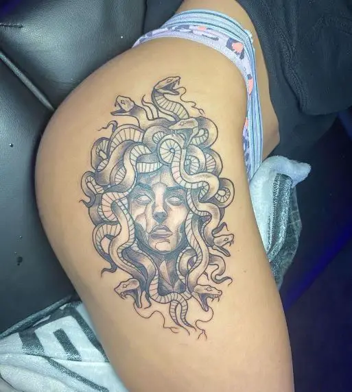 Grey Shaded Medusa with No Eyes Butt Tattoo