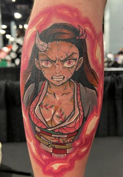 Colorful Angry Nezuko Kamado Leg Tattoo