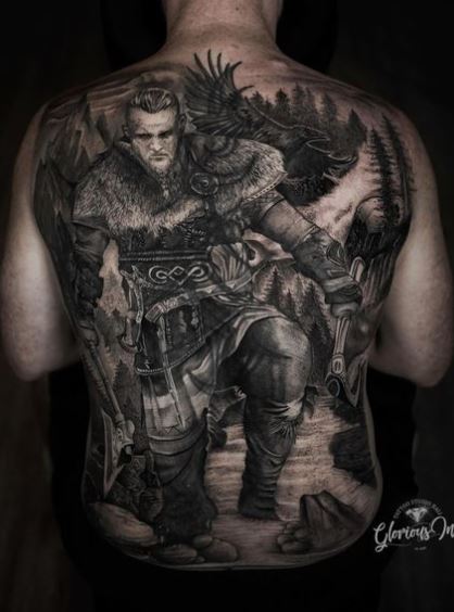 Forest Landscape and Viking Warrior Full Back Tattoo