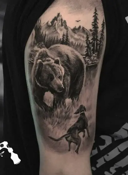 Black and Grey Hunting Dog, and Bear Arm Tattoo