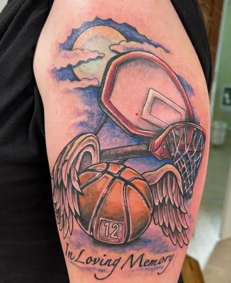 Streetball Court and Basketball with Lettering Arm Tattoo