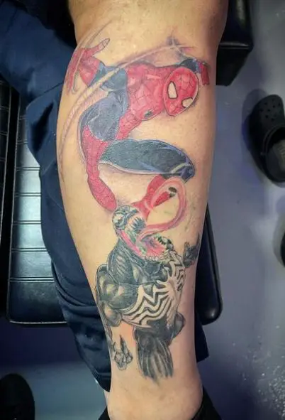 Colorful Venom and Spiderman Calf Tattoo