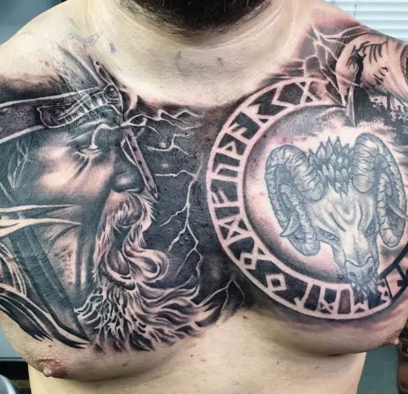 Mouflon and Viking Warrior Chest Tattoo