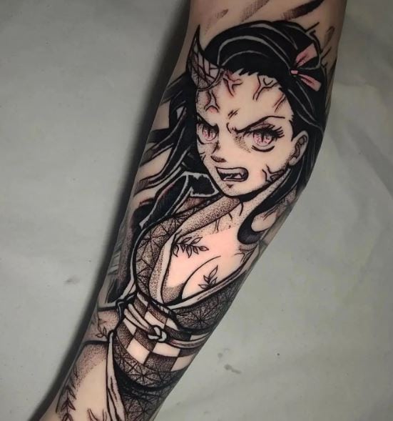 Black and Grey Angry Nezuko Kamado Forearm Tattoo