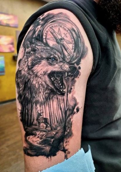Black and Grey Forest with Wolf and Deer Arm Tattoo