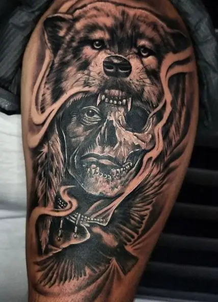 Cherokee Skull Warrior with Bear and Crow Arm Tattoo