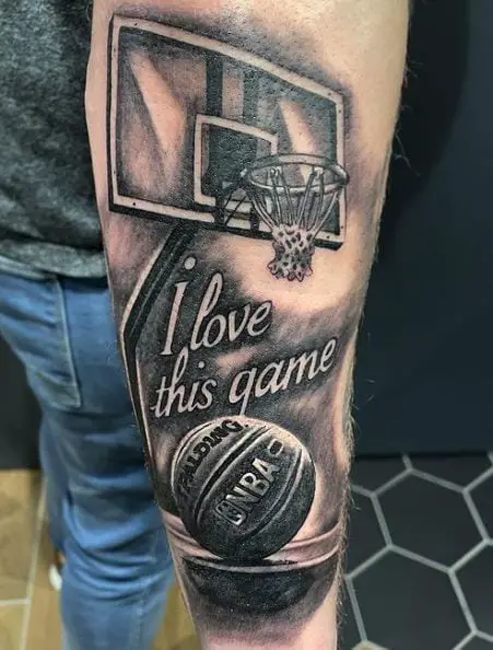 Grey Shaded Basketball Court with Lettering Forearm Tattoo