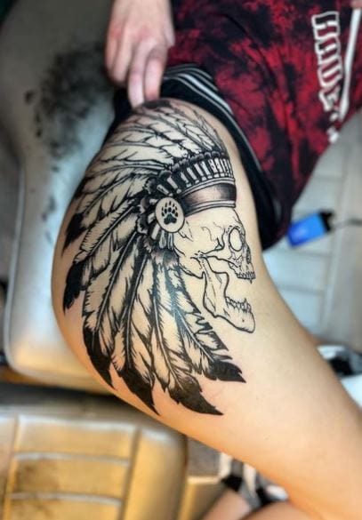 Skull with Indian Feather Hat Butt Tattoo