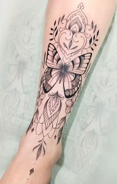 Black and Grey Mandala and Butterfly Leg Tattoo