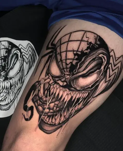 Half Venom Half Spiderman Head Thigh Tattoo
