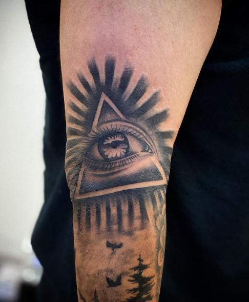 Mountain Landscape and Eye of Providence Arm Tattoo