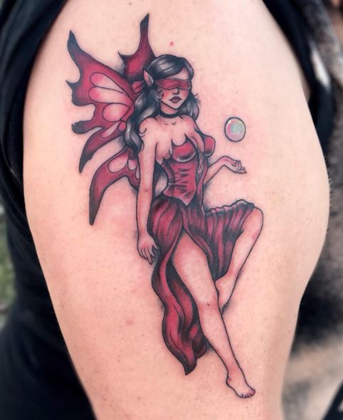 Purple Gothic Fairy with Crystal Bowl Arm Tattoo