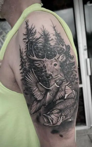 Forest Landscape and Deer with Bird and Fish Arm Tattoo