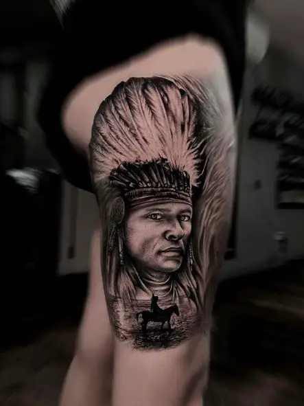Black and Grey Cherokee Warrior Chief Thigh Tattoo
