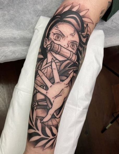 White Leaves and Nezuko Kamado Arm Sleeve Tattoo