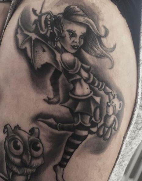 Grey Shaded Owl and Gothic Fairy with Teddy Bear Arm Tattoo