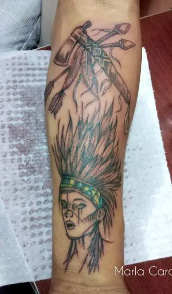 Cherokee Warrior with Axe and Arrows Forearm Tattoo