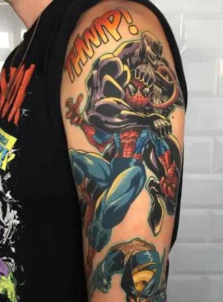 Venom and Spiderman Fighting Arm Tattoo