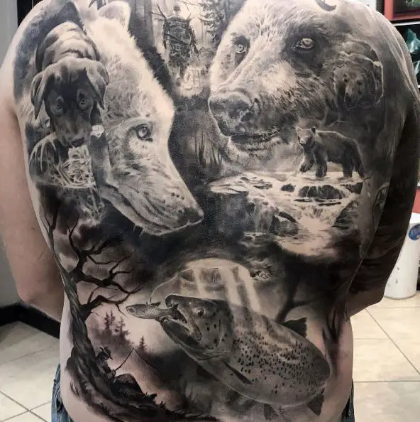 Wild Animals and Hunter with Dog Full Back Tattoo
