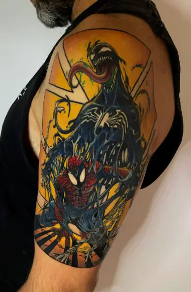 Venom Against Spiderman Arm Tattoo