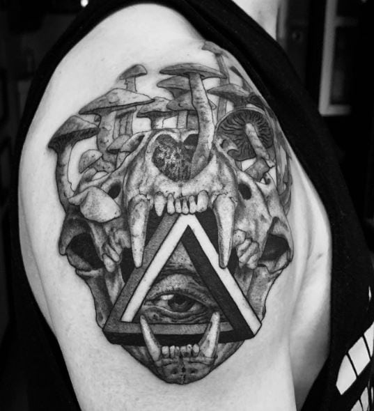 All Seeing Eye with Wolf Skull and Mushrooms Arm Tattoo