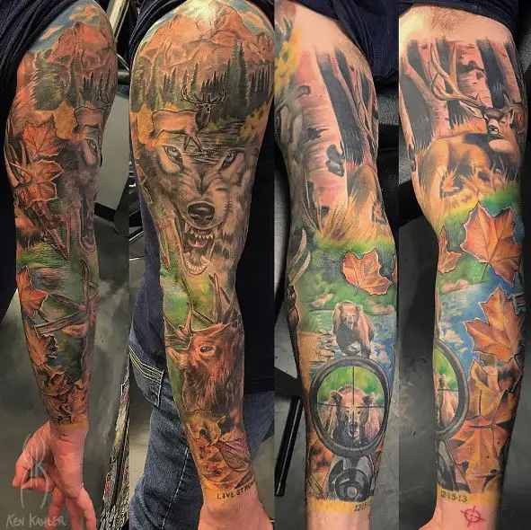 Colorful Wild Animals, and Hunting Rifle Scope Arm Sleeve Tattoo