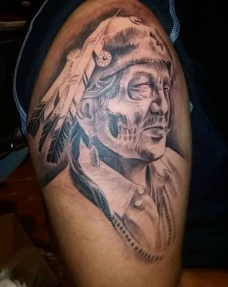 Grey Shaded Navajo Warrior Arm Tattoo