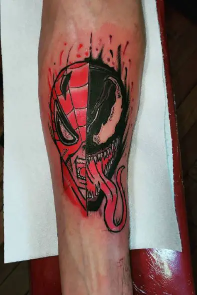 Half Venom Half Spiderman Head Arm Tattoo