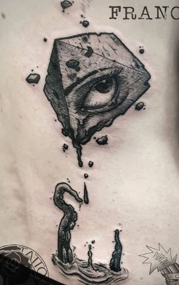 Black and Grey Pyramid and All Seeing Eye Back Tattoo