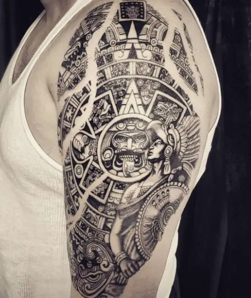Black and Grey Mayan Calendar Arm Tattoo