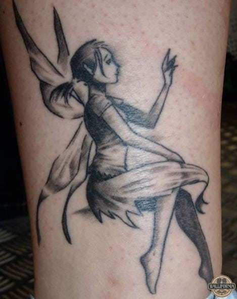 Black and Grey Shaded Sitting Fairy Leg Tattoo