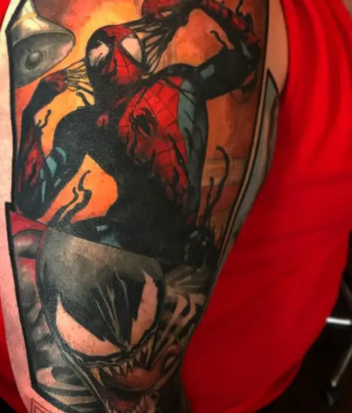 Colorful Venom and Spiderman with Web Arm Sleeve Tattoo