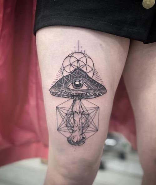 Geometric Mushroom and All Seeing Eye Thigh Tattoo