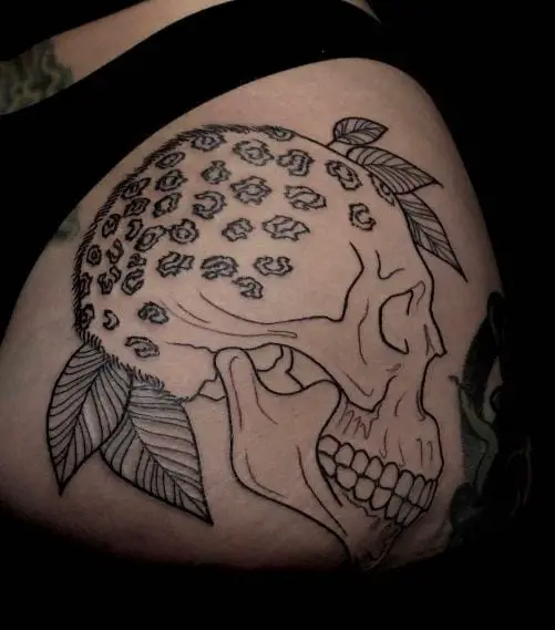 Black and Grey Leaves and Skull Butt Tattoo