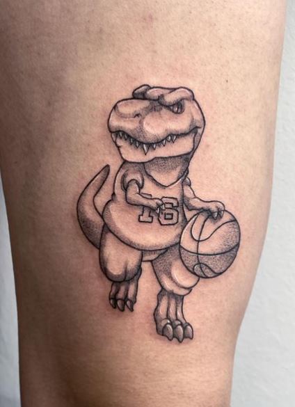 Grey Shaded Dinosaur Playing Basketball Thigh Tattoo
